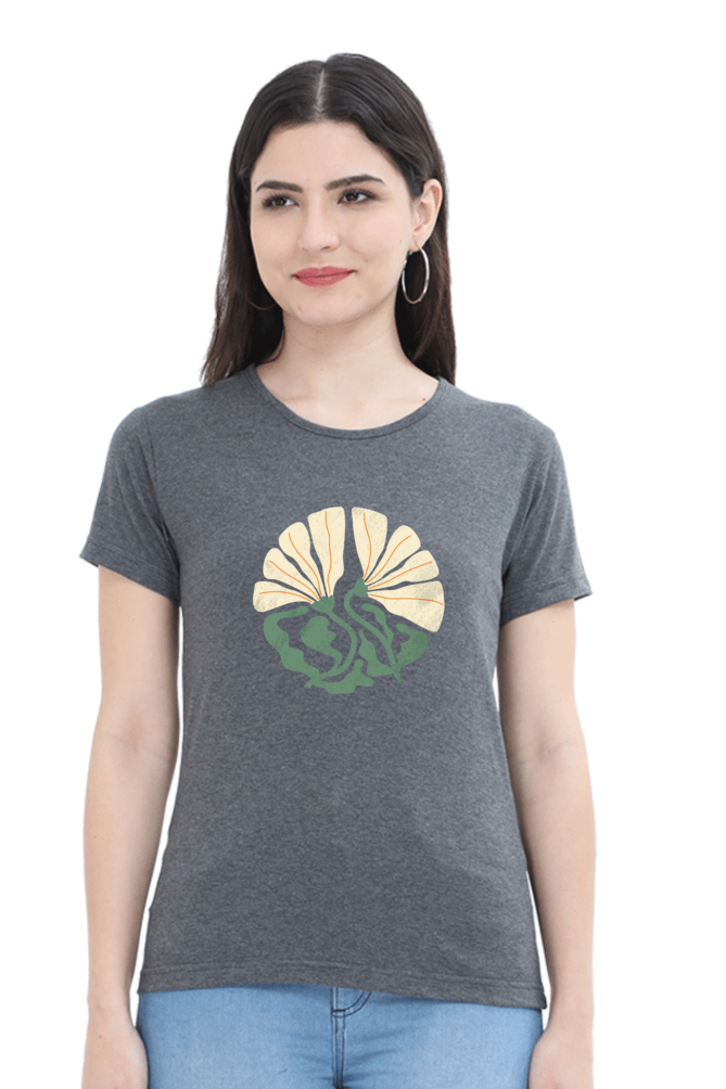 Abstract Boho Beige with Green Flowers design -Ladies tee