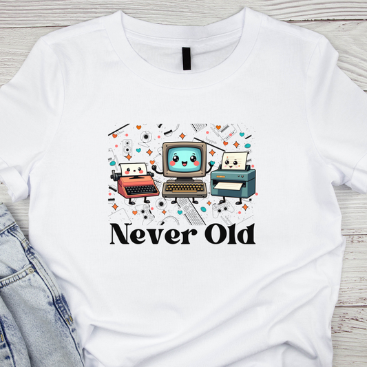 Never old - Feel Nostalgic with Cute Printer , Deskstop & Typewriter -ladies tee