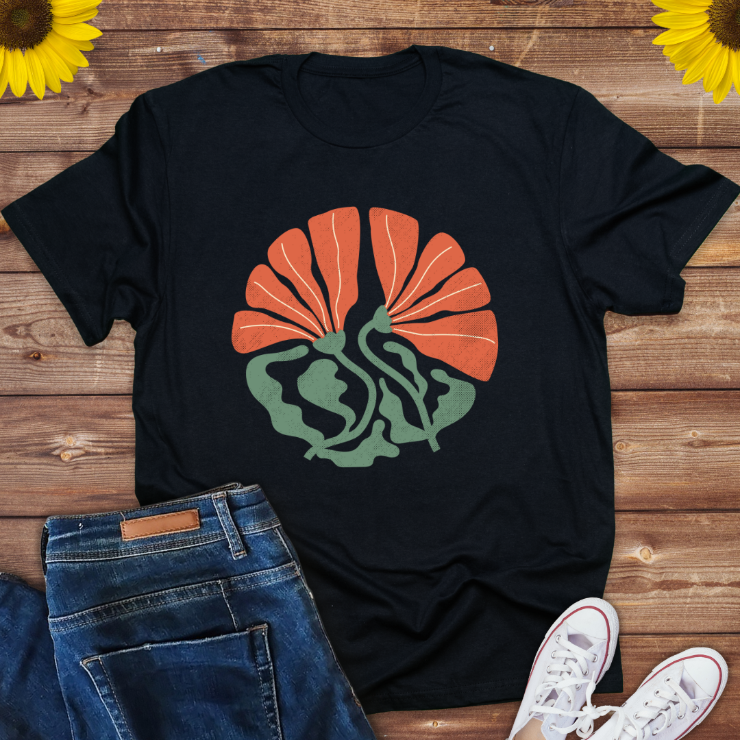 Boho Abstract Groovy Orange & Green Flower -Ladies tee
