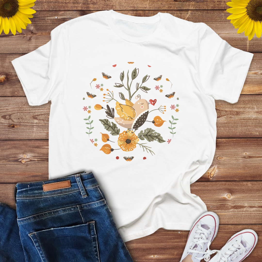 Boho Style Bird and butterfly print design -Ladies tee