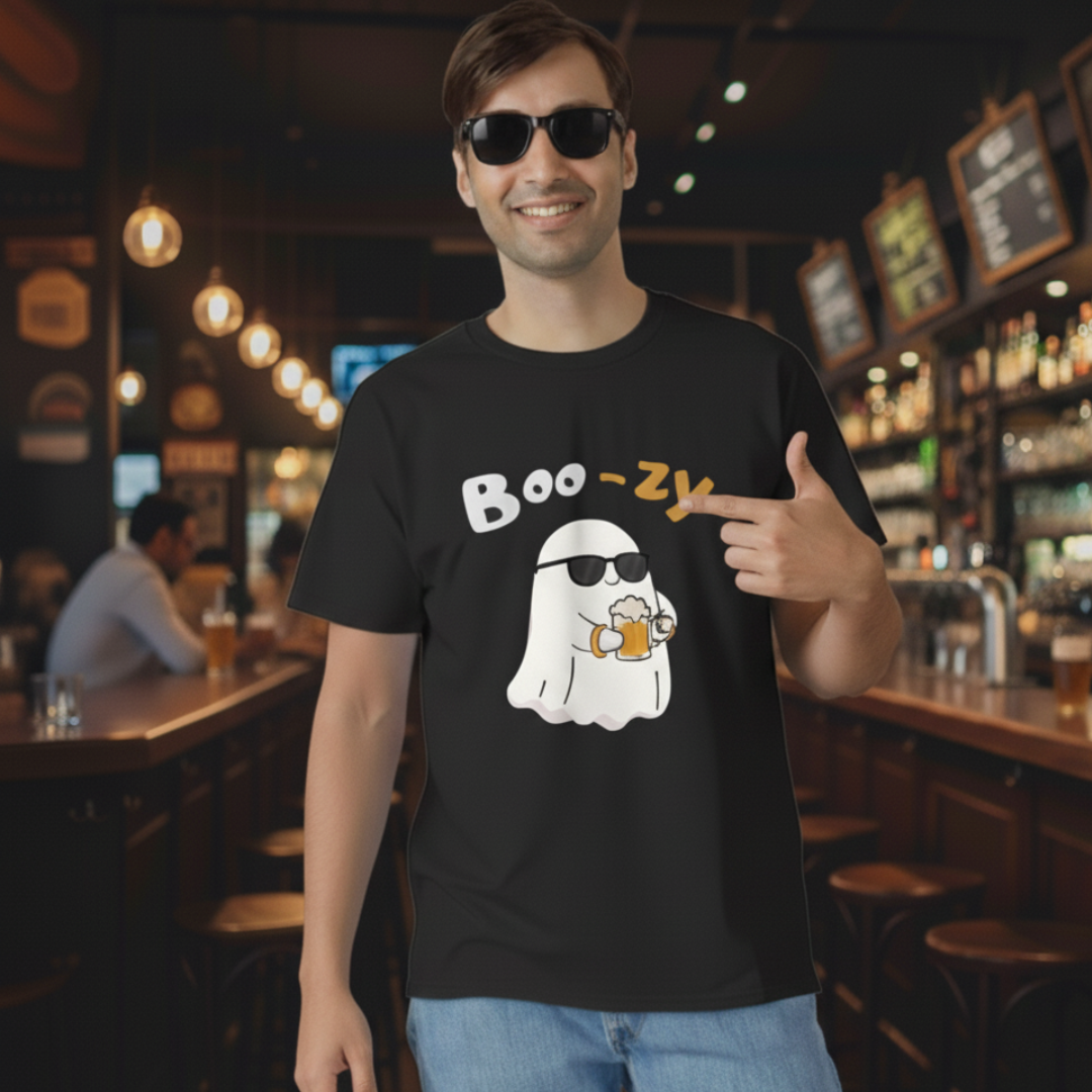 Boo-zy! Cute Halloween Ghost Drinking  Mens Classic Crew T-Shirt