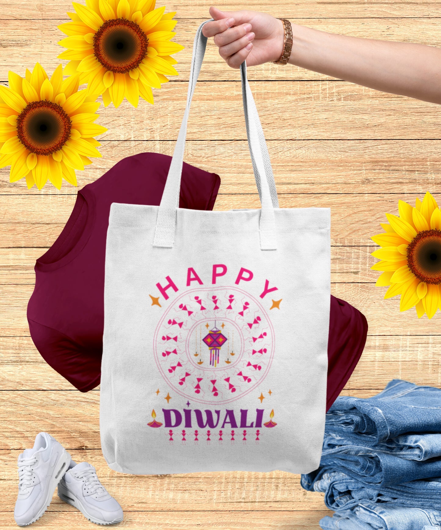Warli Girls style India art -Happy diwali zipper tote bag