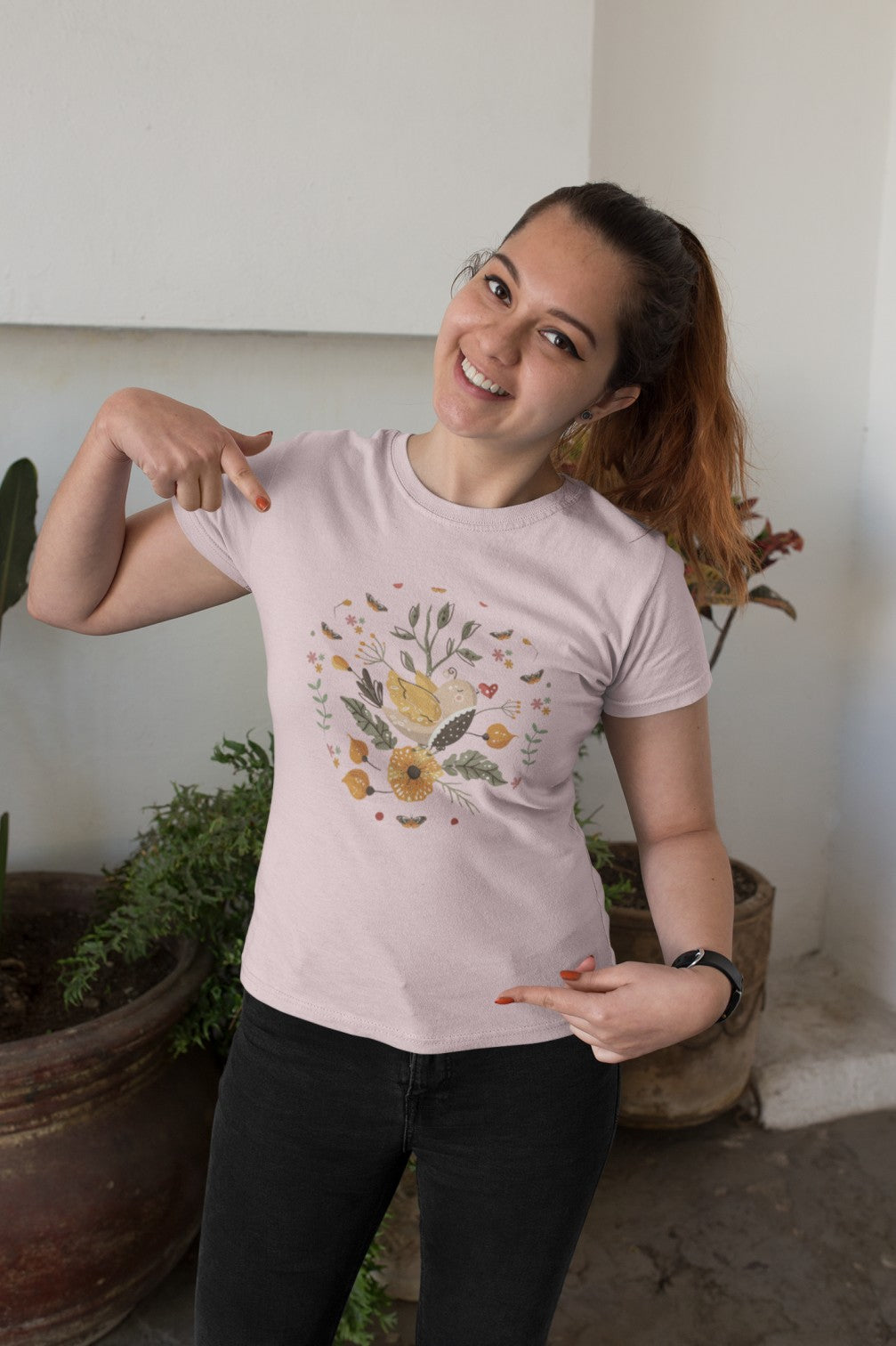 Boho Style Bird and butterfly print design -Ladies tee