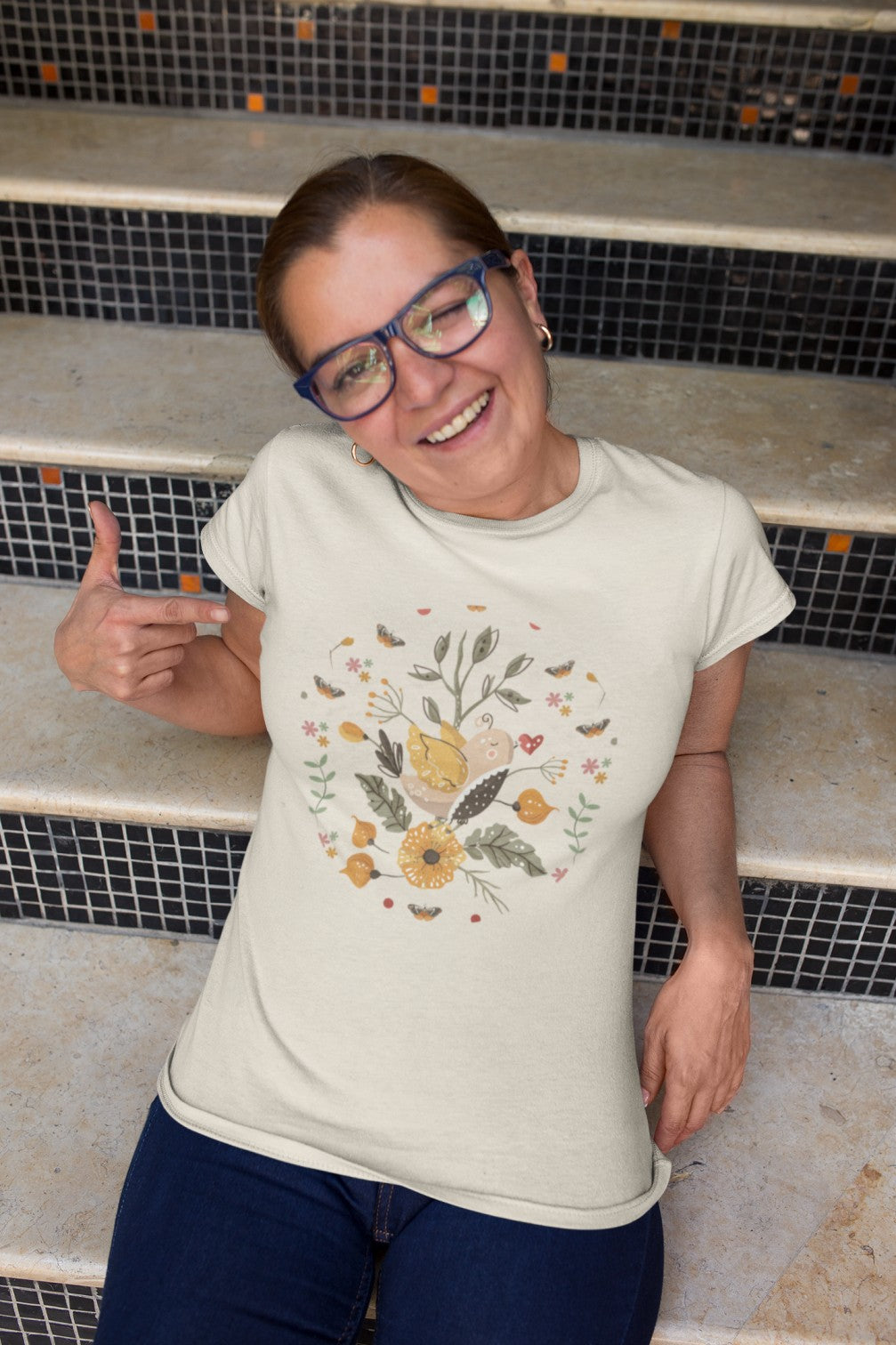 Boho Style Bird and butterfly print design -Ladies tee