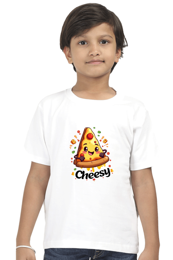 Cute kawaii style cheesy pizza slice for twin boy