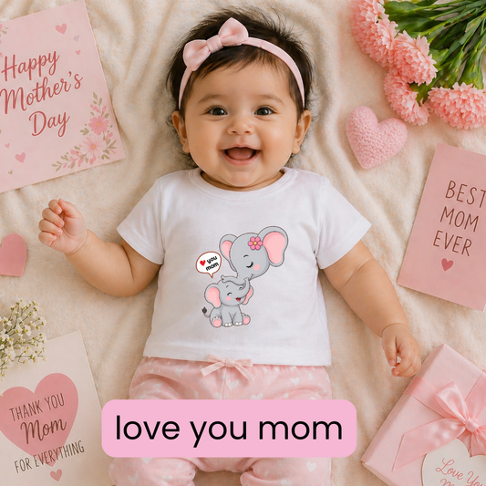 Happy Mothers Day - Cute ele Love you mom kids  Crew Neck T-Shirt ( 0-5yrs)