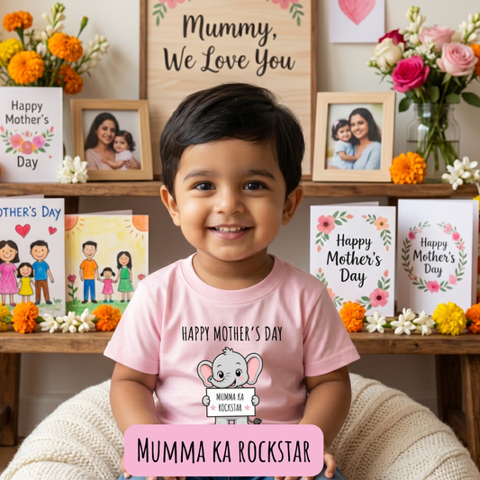 Happy Mothers day  Mamma Ka Rock start Cute Ele -Kids Crew Neck T-Shirt( 0-5yrs)